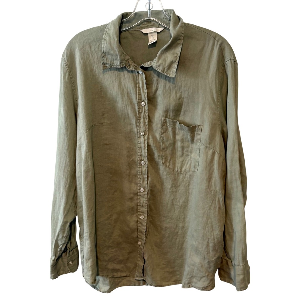 H&M Women's Sage Green Linen Long Sleeve Button Front Shirt in Size L